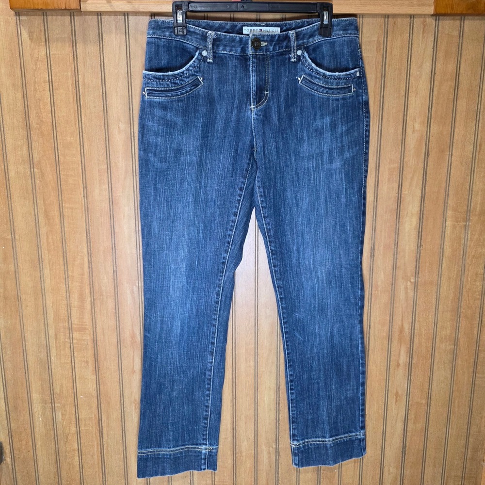 Tommy Hilfiger‎ Denim Jeans Distressed Pockets Dark Wash Cropped Size 6